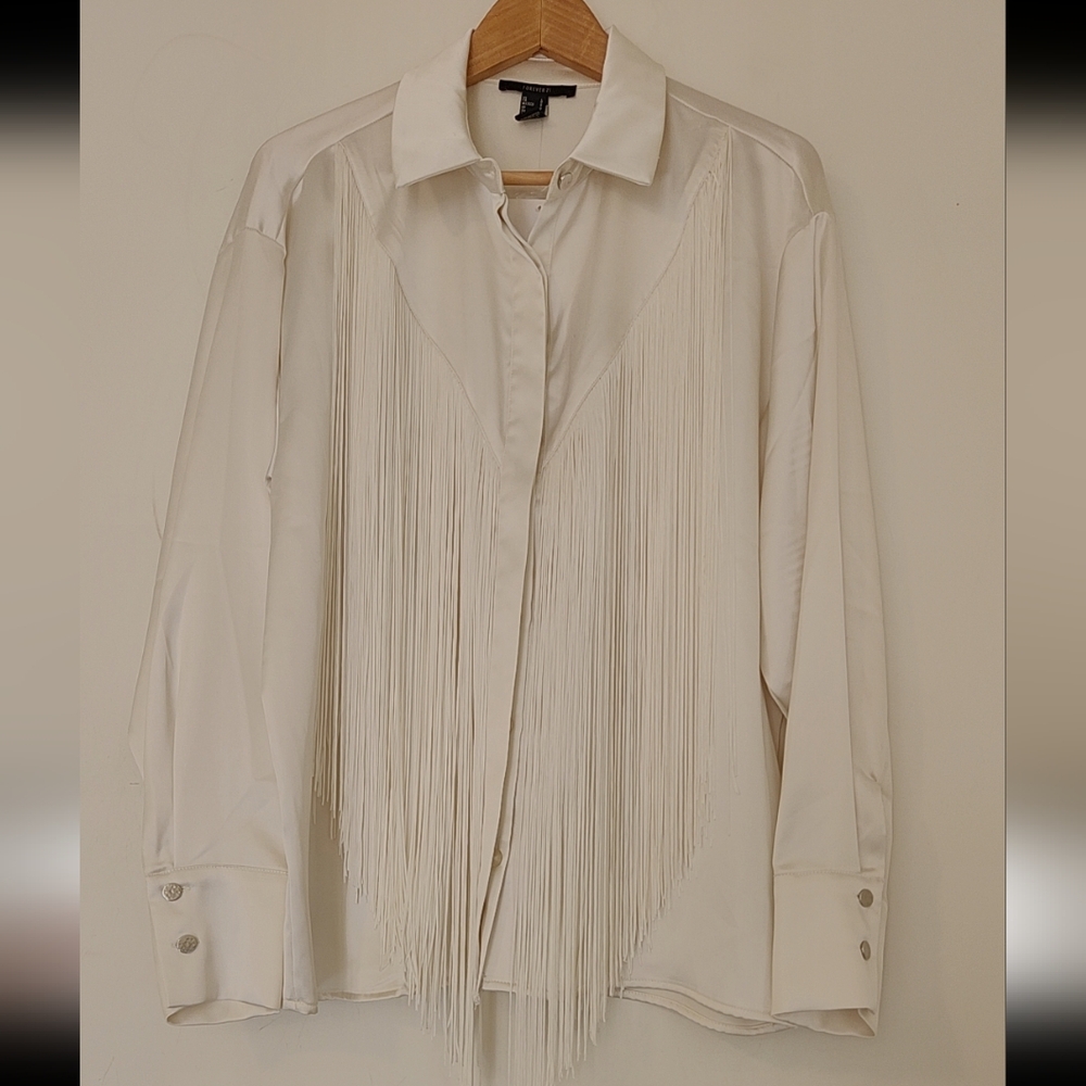 Cream Fringe Satin Blouse Top